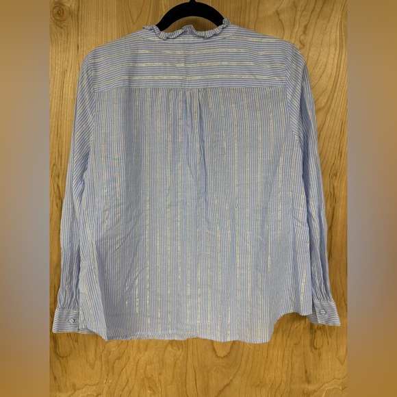 Talbots Womens Blue White Metallic Silver Striped Button Ruffled Shirt Lp - Picture 6 of 9
